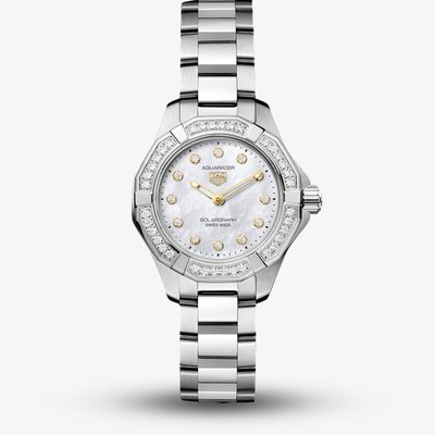 TAG Heuer Ladies Aquaracer Professional 100 Solargraph White Mother Of Pearl Dial Diamond Set Bezel Watch WBP141J.BA0049