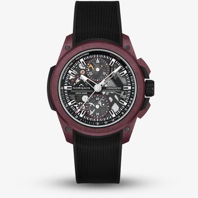 NORQAIN Limited Edition Wild One Skeleton Chrono Burgundy Case Black Rubber Strap Watch N3002.40Q02.B01.R01