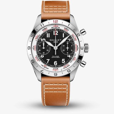 Gallet Mens Flying Officer Black Chronograph Dial Leather Strap Watch AG2301131B1X2