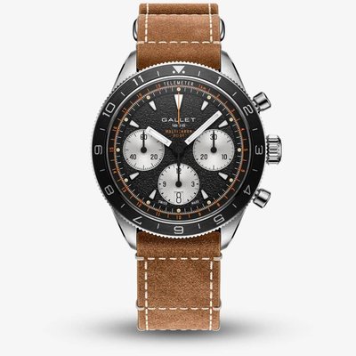 Gallet Mens Multichron Pilot Chronograph Black Dial Leather Strap Watch AG2303251B1W1