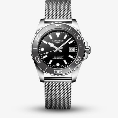 Longines Mens Hydroconquest Automatic Black Dial Mesh Bracelet Watch L3.779.4.70.6