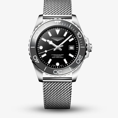 Longines Mens Hydroconquest Automatic 42mm Black Dial Mesh Bracelet Watch L3.788.4.70.6