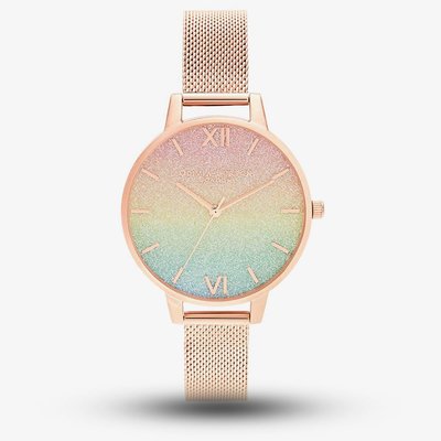Olivia Burton Ladies RainBow Rose Gold Mesh Bracelet Glitter Dial Watch OB16RB18