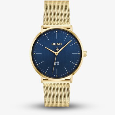 HUGO Mens #Style 3H Golden Blue Dial Mesh Bracelet Watch 1530473