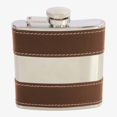Stainless Steel & Brown Leatherette Engravable 6oz Hip Flask HF-23