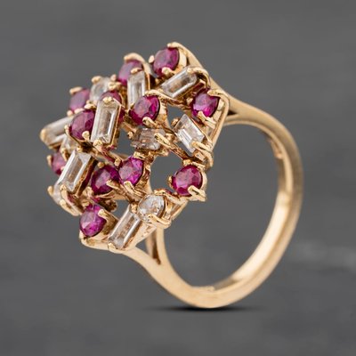 Second Hand 9ct Yellow Gold Synthetic Rubies & Synthetic White Spinels Cluster Ring 41103009
