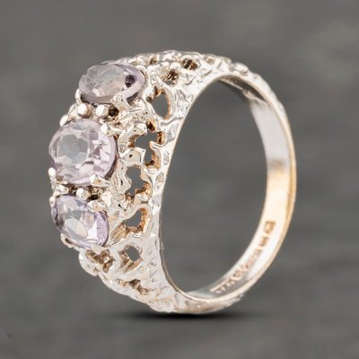 Second Hand 9ct White Gold Amethyst Ornate Three Stone Ring