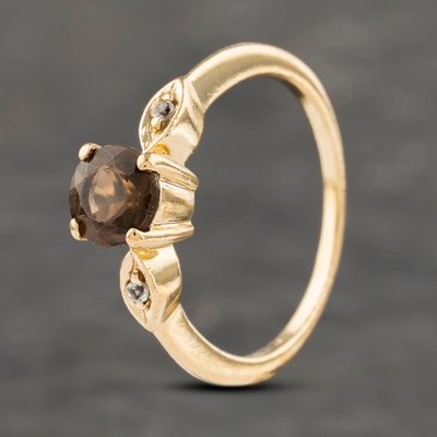Second Hand 9ct Yellow Gold Smokey Quartz & White Topaz Shoulders Dress Ring