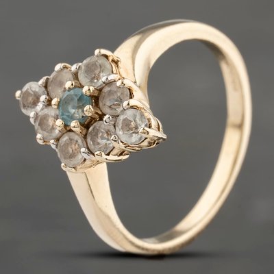 Second Hand 9ct Yellow Gold Blue Topaz & White Topaz Cluster Ring
