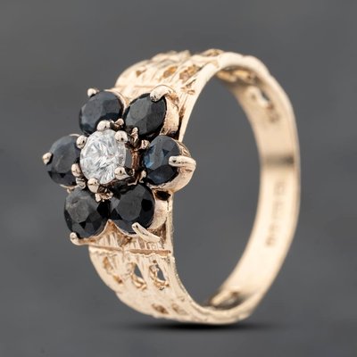 Second Hand 9ct Yellow Gold Sapphire & Cubic Zirconia Flower Cluster Ring 41103772
