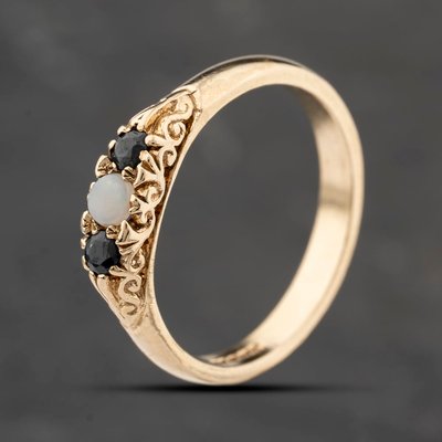 Second Hand 9ct Yellow Gold Opal & Sapphire Three Stone Ring