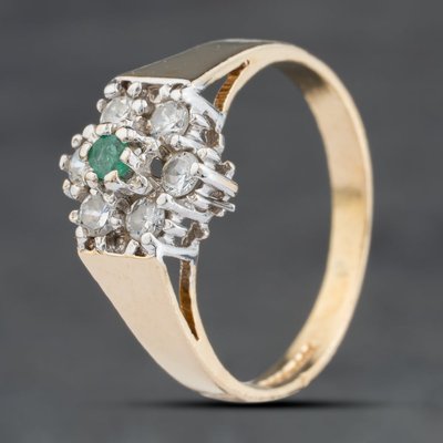 Second Hand 9ct Yellow Gold Emerald & Cubic Zirconia Flower Cluster Ring