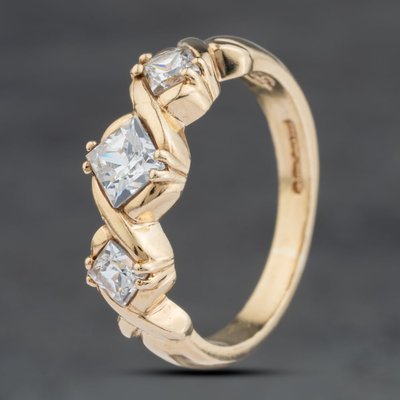 Second Hand 9ct Yellow Gold Cubic Zirconia Square Cut Three Stone Ring