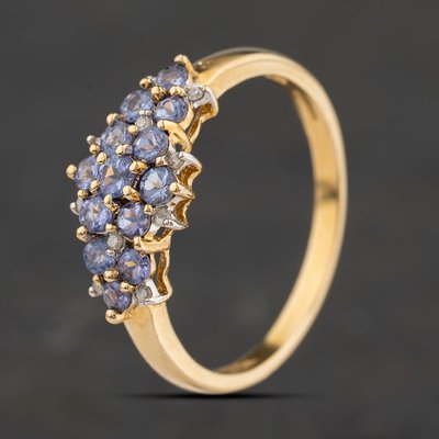 Second Hand 9ct Yellow Gold Tanzanite & 0.10ct Diamond Triple Cluster Ring 41104504