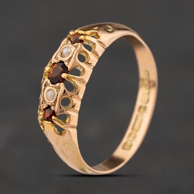 Second Hand Vintage 9ct Yellow Gold Seed Pearl & Garnet Five Stone Ring 41104505
