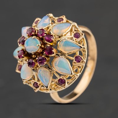 Second Hand Vintage Yellow Gold Opal & Ruby Flower Dress Ring 41104629