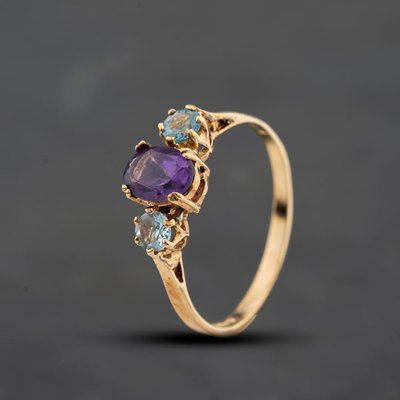Second Hand 9ct Yellow Gold Amethyst & Blue Topaz Three Stone Ring 41104705
