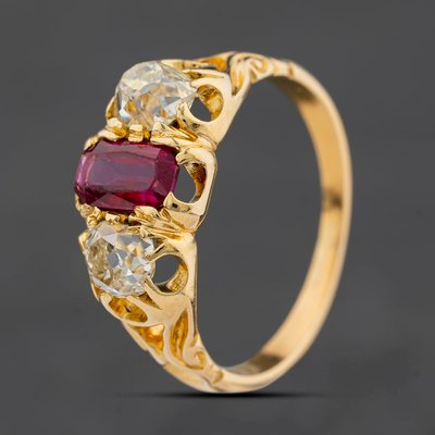 Second Hand Yellow Gold Ruby & Diamond Three Stone Ring 41121032