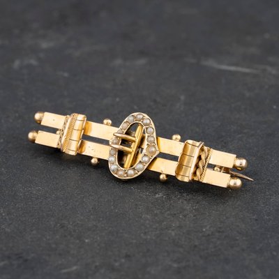 Second Hand Antique 9ct Yellow Gold Seed Pearl Buckle Style Bar Brooch