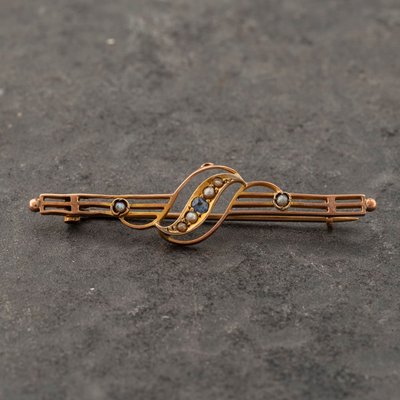 Second Hand Antique Rose Gold Sapphire & Seed Pearl Bar Brooch