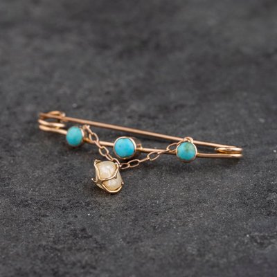 Second Hand Vintage Yellow Gold Turquoise & Freshwater Pearl Brooch 41131178
