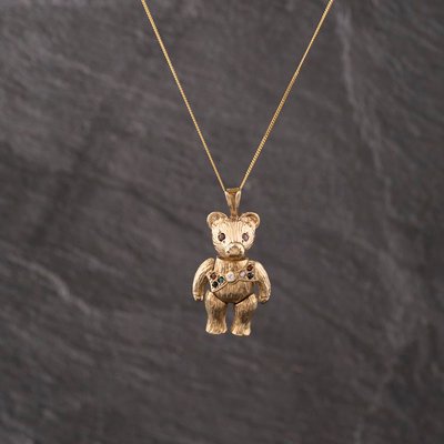 Second Hand 9ct Yellow Gold Multi Stone Articulating Teddy Pendant & 18 Inch Curb Chain 41142949