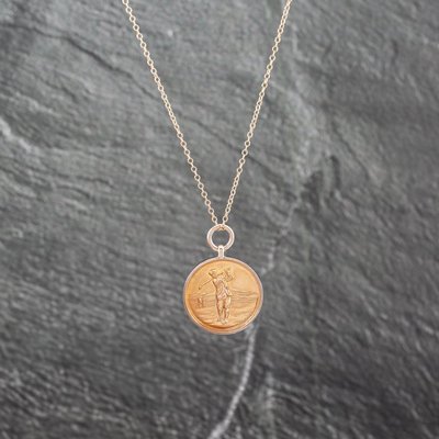 Second Hand 9ct Yellow Gold Circular Golf Scene Pendant & 20 Inch Trace Chain 41142956