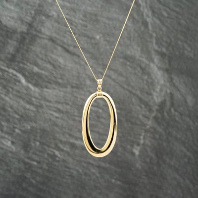 Second Hand 9ct Yellow Gold Plain Oval Pendant & 18 Inch Curb Chain
