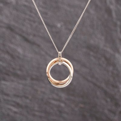 Second Hand 9ct Two Colour Gold Cubic Zirconia Set Double Circle Pendant & 18 Inch Curb Chain 41143298