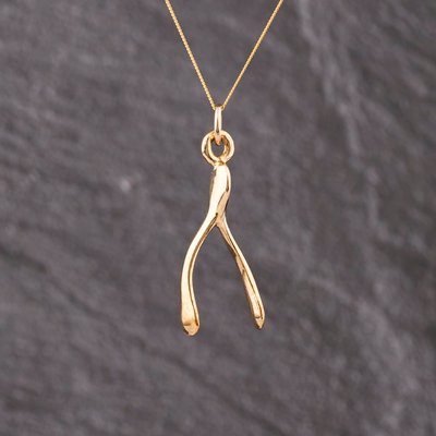 Second Hand 9ct Yellow Gold Wishbone Pendant & 18 Inch Curb Chain 41143336