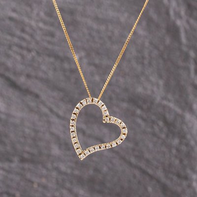 Second Hand Yellow Gold Cubic Zirconia Open Heart Pendant & 18 Inch Curb Chain 41143376
