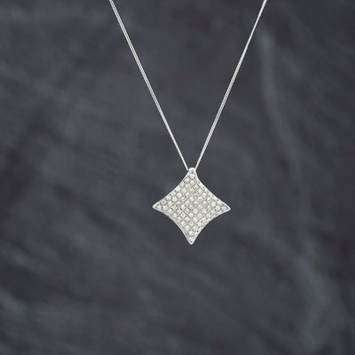 Second Hand 9ct White Gold Diamond Pave Concave Cushion Shaped Pendant & 18 Inch Curb Chain 41143432