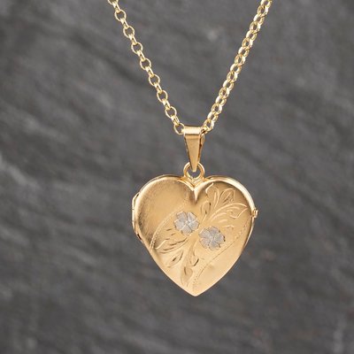 Second Hand Two Colour Gold Heart With Hand Engraved Flowers Locket Pendant & 18 Inch Belcher Chain 41143520