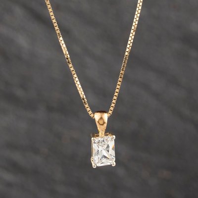 Second Hand 9ct Yellow Gold Cubic Zirconia Oblong Pendant & 16 Inch Box Chain 41143568