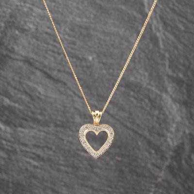 Second Hand 9ct Yellow Gold Diamond Open Heart Gemstone Pendant & 18 Inch Curb Chain 41143587
