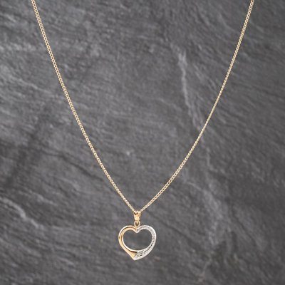 Second Hand Two Colour Gold Open Heart Diamond Cut Gemstone Pendant & 17 Inch Curb Chain 41143589