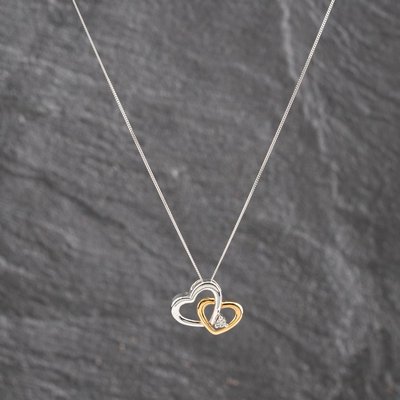 Second Hand 9ct Two Colour Gold Diamond Interlock Hearts Gemstone Pendant & 18 Inch Curb Chain 41143601