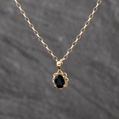 Second Hand 9ct Yellow Gold Sapphire Oval Pendant & 18 Inch Belcher Chain 41143626