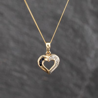 Second Hand 9ct Two Colour Gold Sapphire & Diamond Open Heart Pendant & 18 Inch Curb Chain 41143631