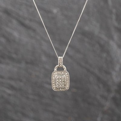 Second Hand White Gold 0.15ct Diamond Set Oblong Pendant & 18 Inch Curb Chain 41143644