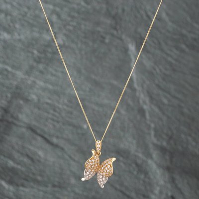Second Hand 9ct Two Colour Gold Cubic Zirconia Butterfly Pendant & 18 Inch Curb Chain