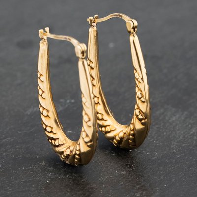 Second Hand Yellow Gold 30mm Oval Patterned Creole Earrings