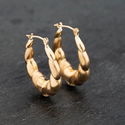 Second Hand Yellow Gold 22mm Embossed Patterned Creole Earrings