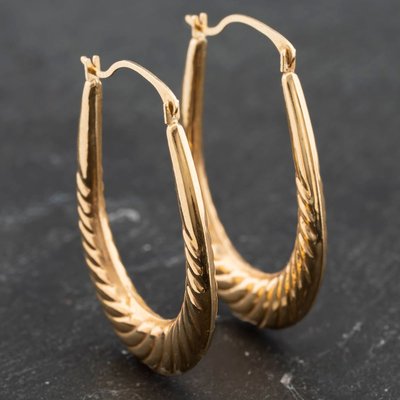Second Hand Yellow Gold 32mm Oval Patterned Creole Earrings