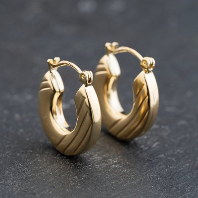 Second Hand 9ct Yellow Gold Half Engraved Hoop Earrings