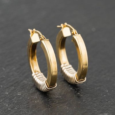 Second Hand 9ct Two Colour Gold 23mm Patterned Hoop Earrings 41173851