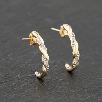 Second Hand Two Colour Gold 18mm Diamond Set Twist Half Hoop Earrings
