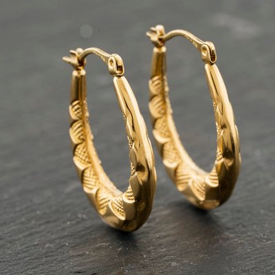 Second Hand Yellow Gold 25.5mm Oval Patterned Creole Earrings