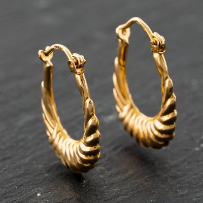 Second Hand 9ct Yellow Gold 19.5mm Oval Ribbed Pattened Creole Earrings