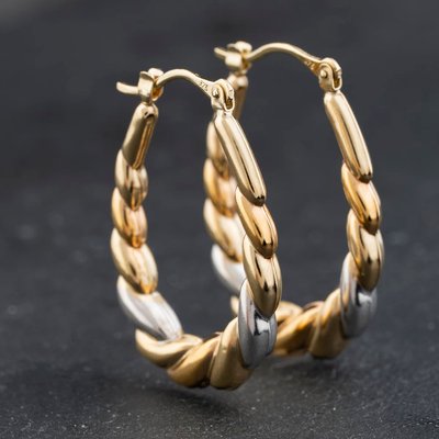 Second Hand 9ct Two Colour Gold 31mm Patterned Creole Earrings 41174307